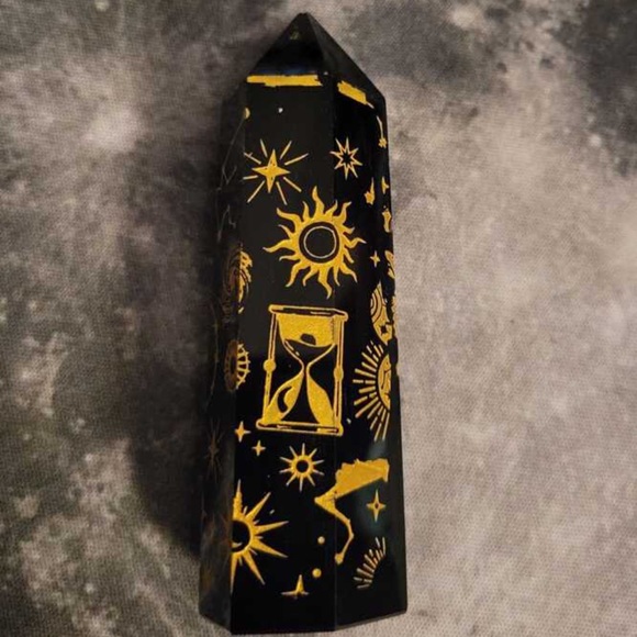 New Natural Obsidian Carved Artisan Sun 24k Gold Tower Point Crystal Decoration - Picture 9 of 16